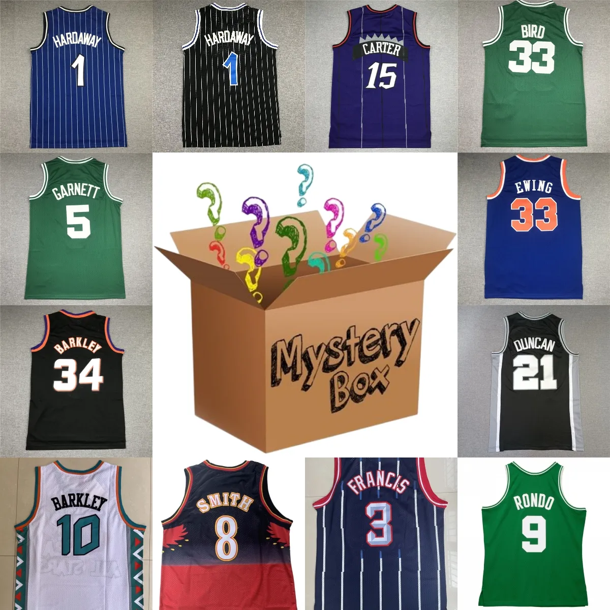 MYSTERY BOX basketbal jerseys Mystery Boxes Sports Shirt Cadeaus voor alle shirts 15 Vince Carter Tim Duncan Dikembe Mutombo Latrell Sprewell Verzonden in willekeurige jersey