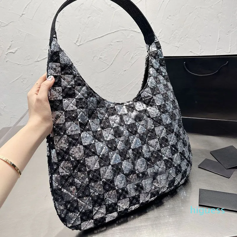 Sequins Hobo Bag Large Capacity Totes Women Handbags Glitter Armpit  Shoulder Bags Patchwork Color Zipper Purse Silver Metal Letter Chain Strap