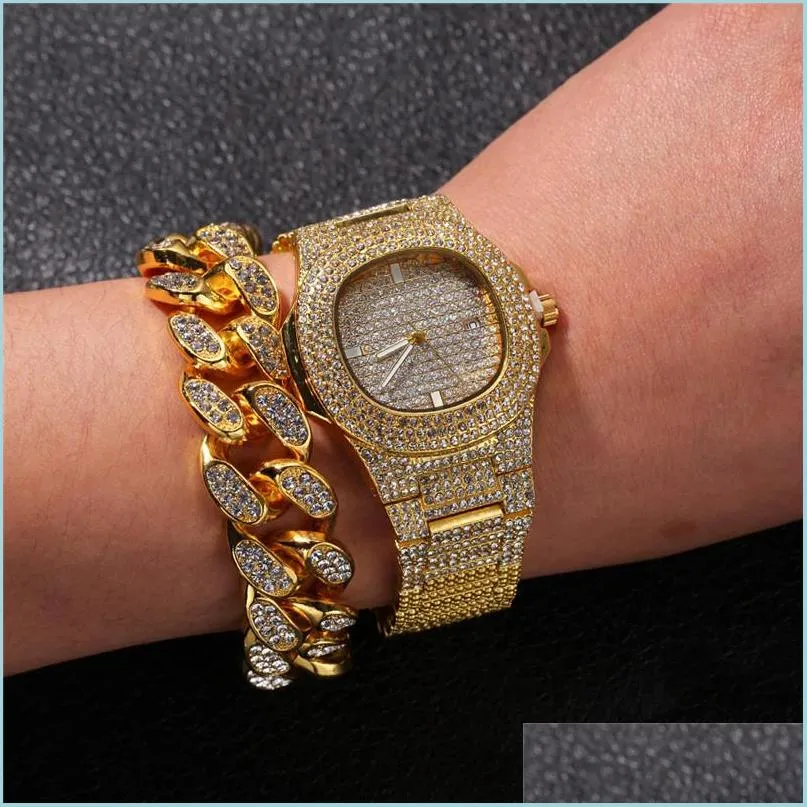 Chaînes Charme Bling Chaîne Cubaine Mode Hip Hop Chaînes De Tennis Bijoux Pendentif Strass Colliers Bracelet Montre Pour Hommes Femmes Drop D Dhafz