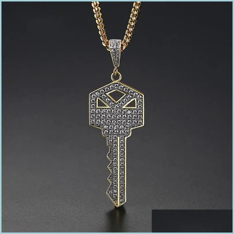 Anhänger Halsketten Herren Schlüssel Stil Anhänger Halskette Ice Out Kubikzircon Gold Farbe Mode Rock Straße Hip Hop Schmuck mit Kette für DHP9W