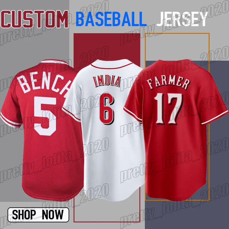 17 Kyle Farmer Maillot de baseball 5 Johnny Bench 6 Jonathan Inde Nick Senzel Joey Votto Maillots Hunter Greene Donovan Solano