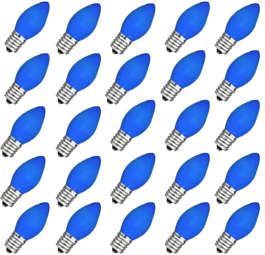 25 Pack C7 Christmas Replacement LED Bulbs Transparent Blue Light Xmas Lights for Outdoor Patio String Lights C7/E12 Candelabra Base 5 Watt