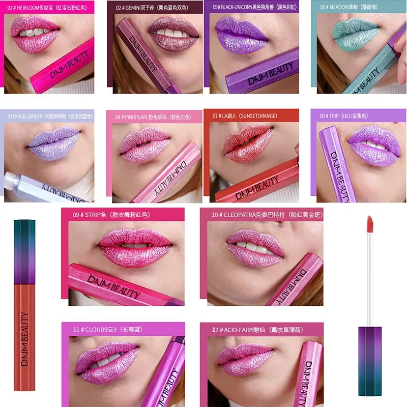Lipgloss DNM Flüssiger Lippenstift sexy Farbe Matt Lipgloss wasserdicht lang anhaltende Wurf Chameleon Lippen Kit 12 Farben