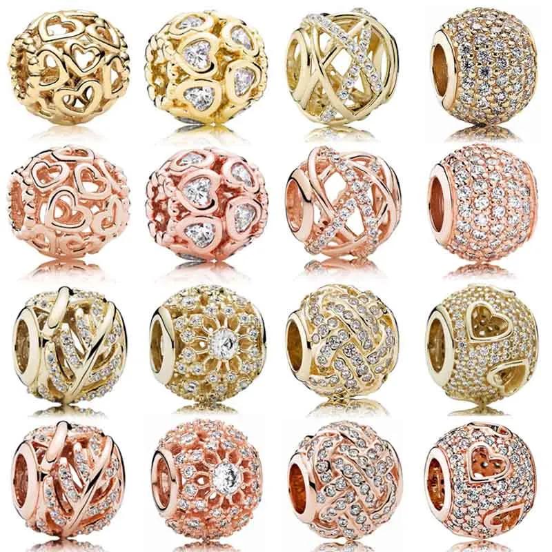 925 Sterling Silver Dangle Charm Beads High Quality Jewelry Gift Wholesale Rose Rose Gold INNER INNER OPEN YOU HEART GALAXY BEAD FIT PANDORA BACELT DIY