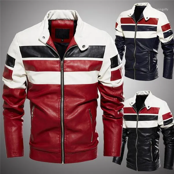 メンズファーレザー秋と冬のメンズファッションカラーマッチングオーバーコートオートバイスタイル暖かいジッパージャケット