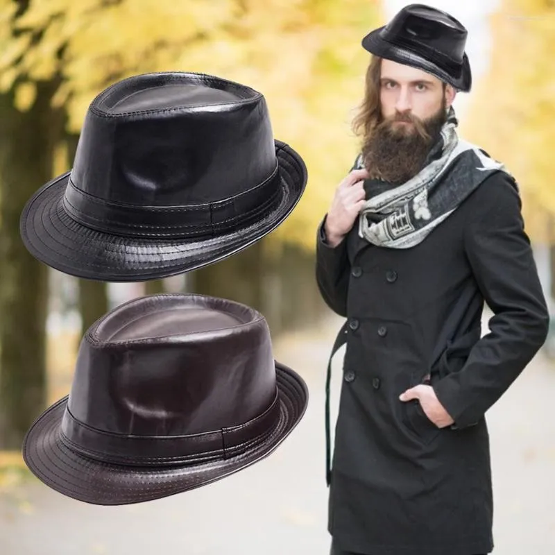 Bérets Mode Vintage Chapeau Gentleman Classique Fedora PU Cuir Jazz Cap Avec Grand Bord Pour Le Dîner