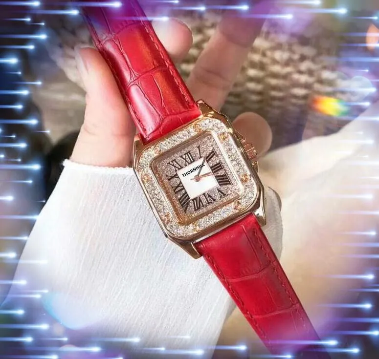 Moda Mujer Diamantes Anillo Relojes 36 mm Iced Out Square Roman Dial Diseñador Movimiento de cuarzo Correa de cuero genuino Reloj Reloj de pulsera Regalos de cumpleaños