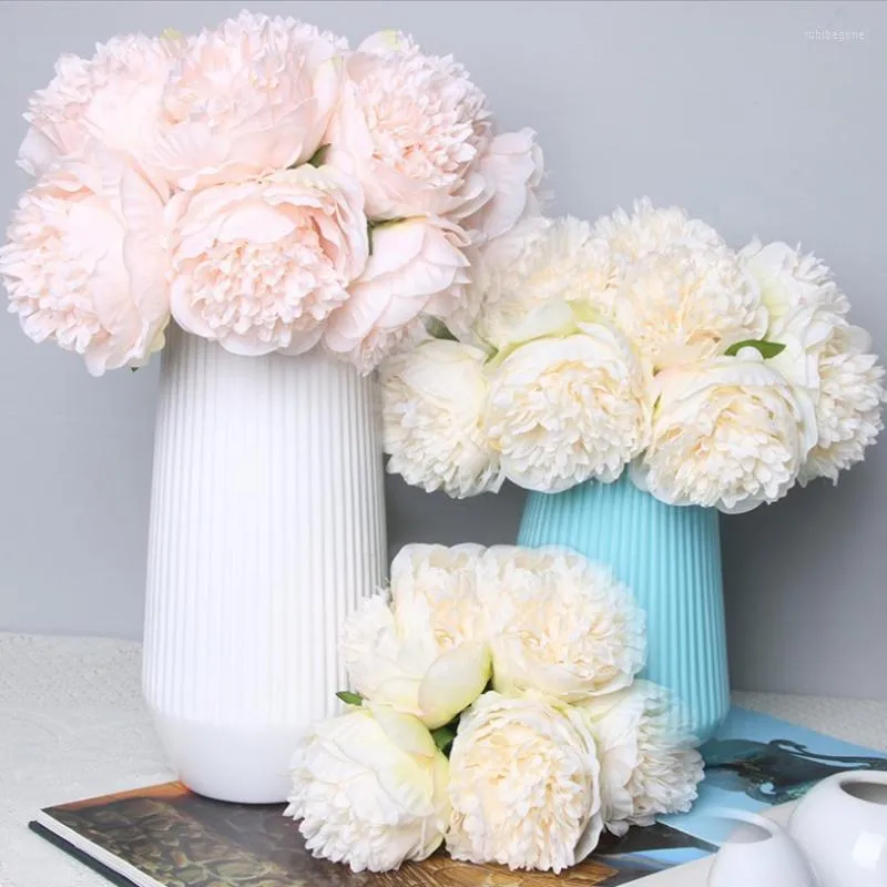 装飾的な花5ビッグヘッドローズピンクピンクの人工シルクブーケ花嫁のための偽の花