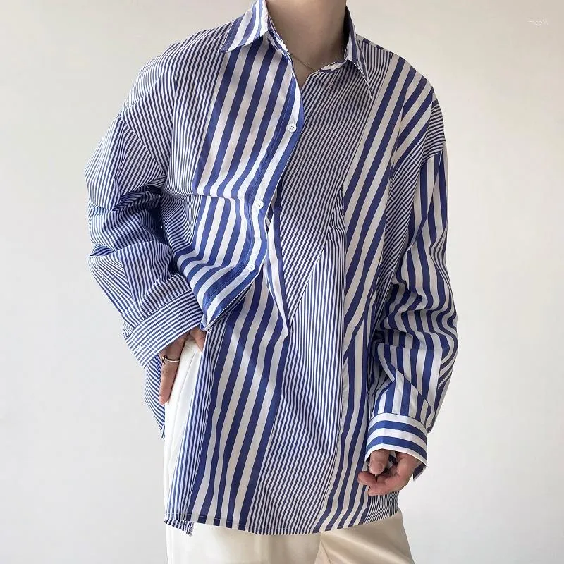Casual shirts voor heren mannen asymmetrische gestreepte twill placket chique mode lange mouw losse mannelijke Koreaanse streetwear office blouse