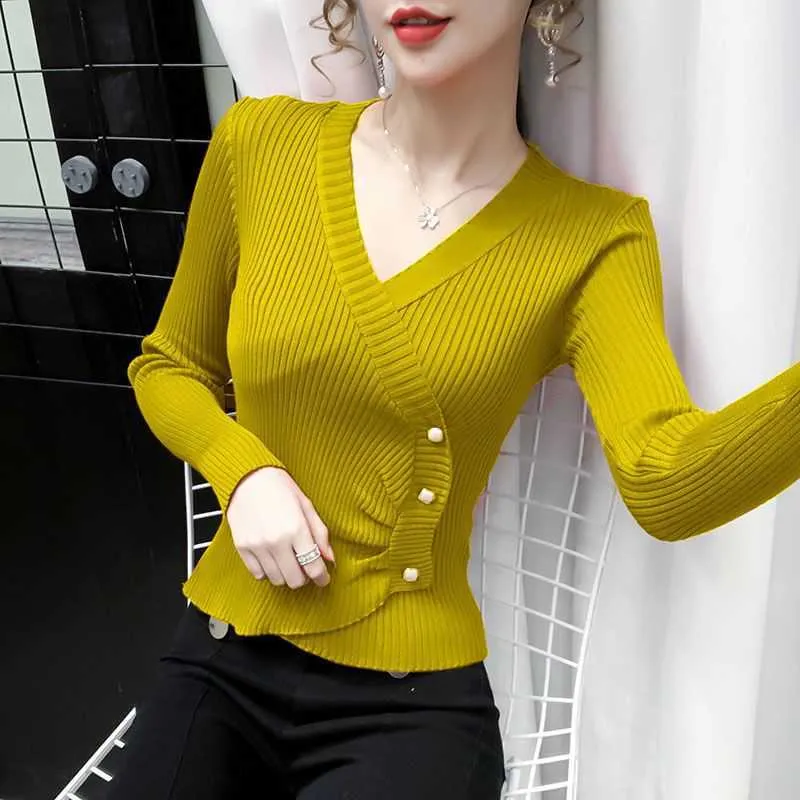 Women's Knits Tees Elegant Women Solid Knitted Pullovers Long Sleeve V-Neck Autumn Winter Button Slim Irregular Fashion Female Chic Casual Sweaters T221012