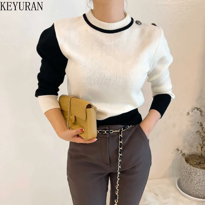 Damesbreien T Tees Autumn Winter Women's Sweaters mode kleurblokkeerd patchwork o-neck casual lange mouw vrouwelijke pullover gebreide tops kleding T221012