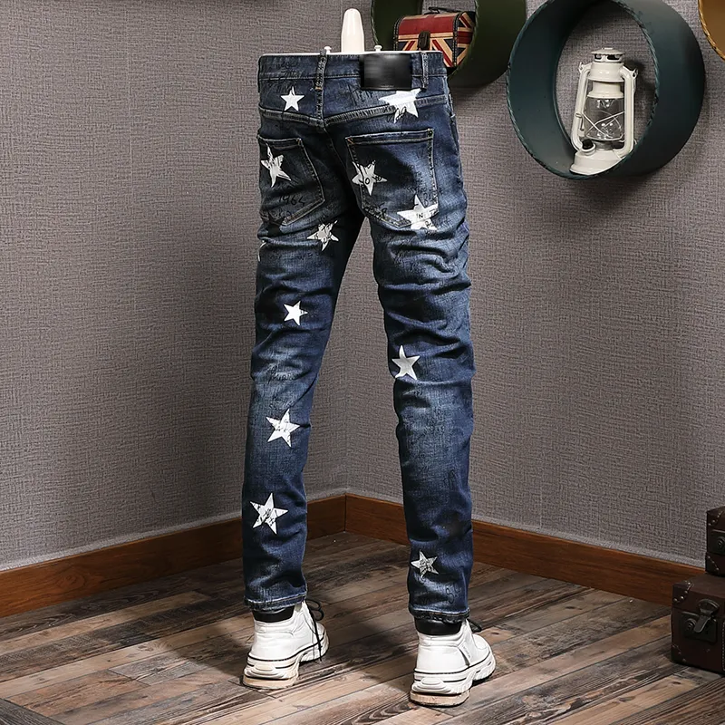 Jeans Motociclisti Stampati Blu Pantaloni Di Motociclette In Forma Slim Fit Da Uomo Verniciatura Da 39 24 DHgate