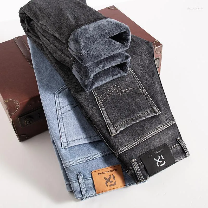 M￤ns jeans Herrens high-end varum￤rkes str￤cka rakt 2022 vinter plus sammet f￶rtjockning regelbunden passform denim byxor manliga fleece varma byxor