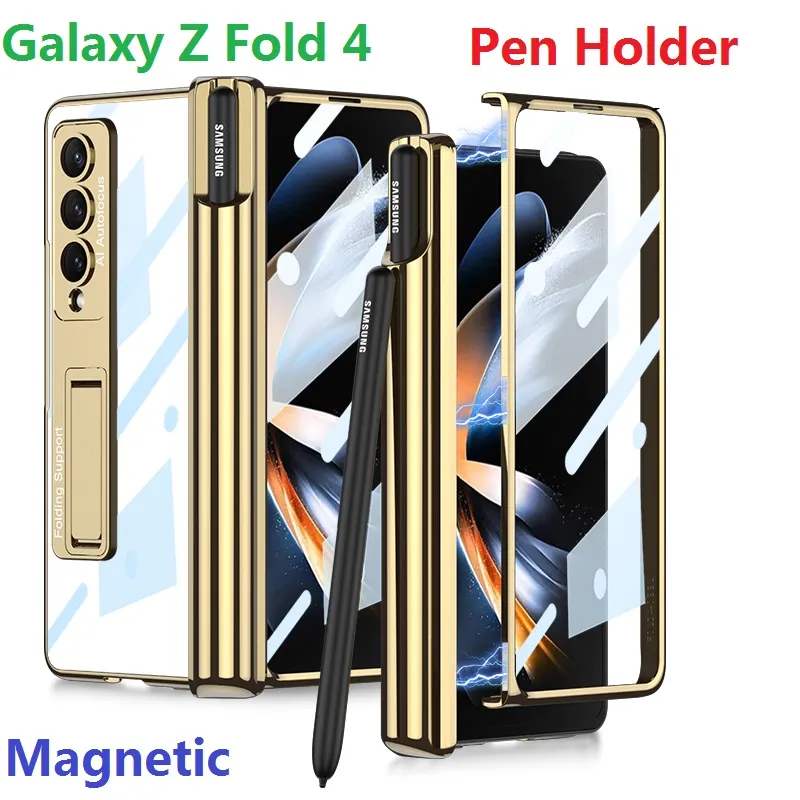 Samsung Galaxy Z Fold 4ケースガラスフィルムスクリーンプロテクター磁気ヒンジスタンドハードカバーのペンホルダーケース