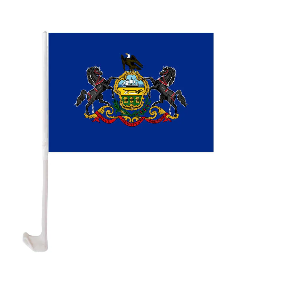 Bandera del coche del estado de Pensilvania, 30x45cm, poliéster, protección UV, Clip para ventana, decoración del coche, Banner con asta de bandera, decoración de fiesta