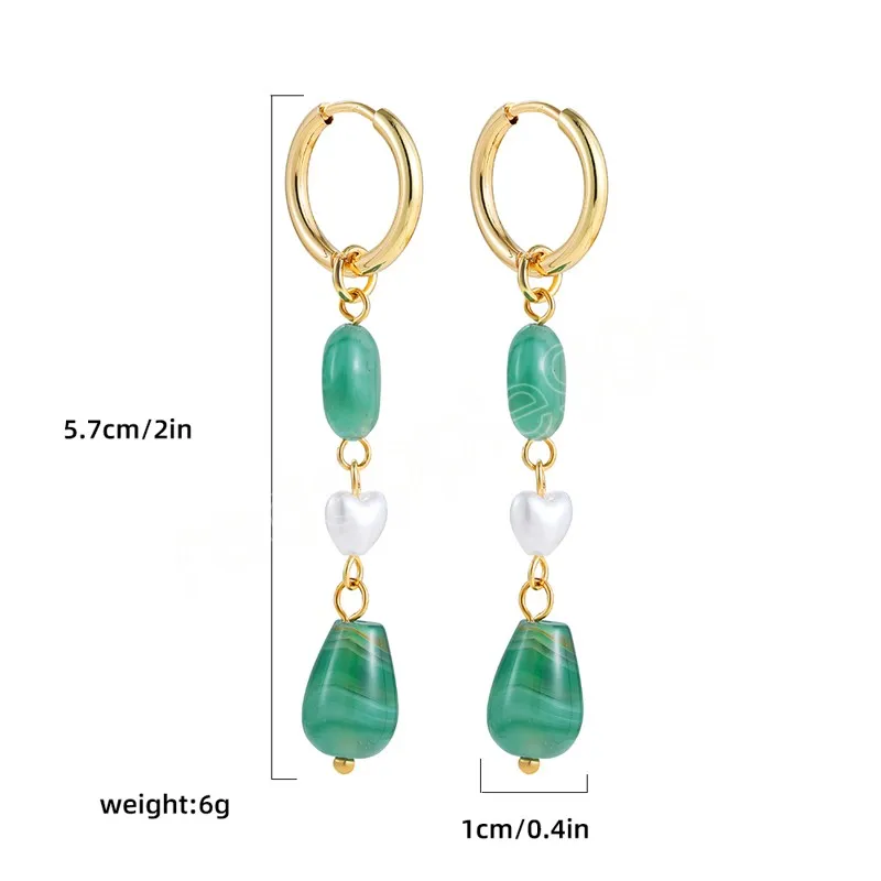 Orecchini pendenti con perline in pietra naturale verde con ciondolo donna Orecchini a cerchio in acciaio inossidabile color oro Cerchio a catena lunga Gioielli Boho