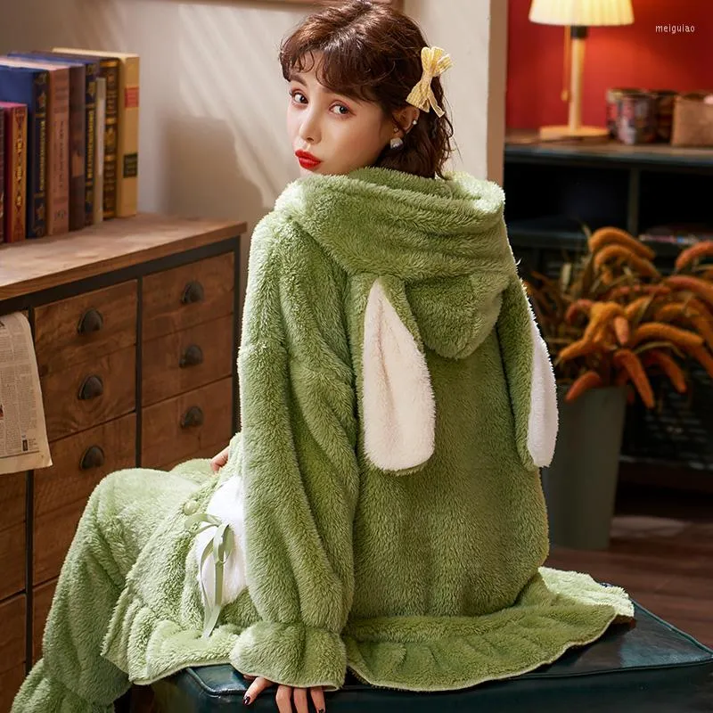 Pajamas Dresses for Women Plush Hooded Casual Winter Warm Long Sleeve Fuzzy  Fleece Cute Bear Ear Nightgown Sleepwear