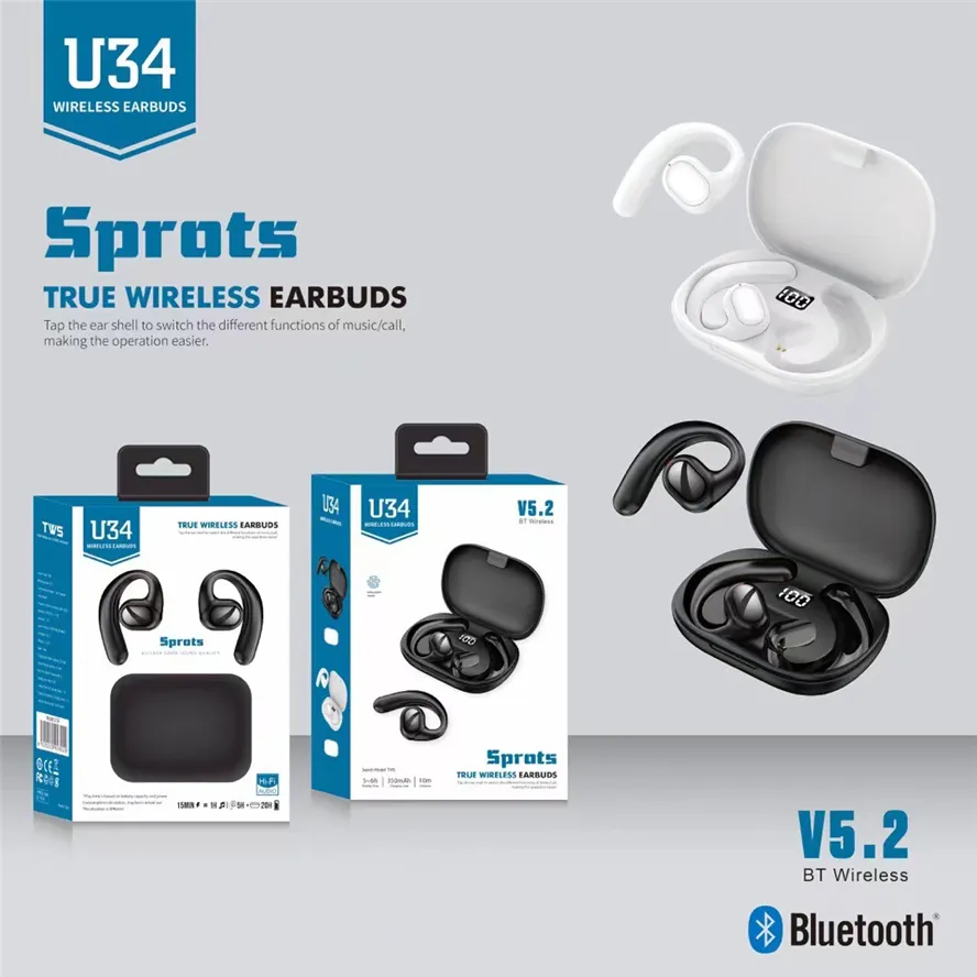 Benlednings hörlurar U34 TWS Trådlös Bluetooth 5.2 Headset Buller Reduction Sports Earphone With Mic Power LED Display för alla iPhone 14 Telefonörlurar