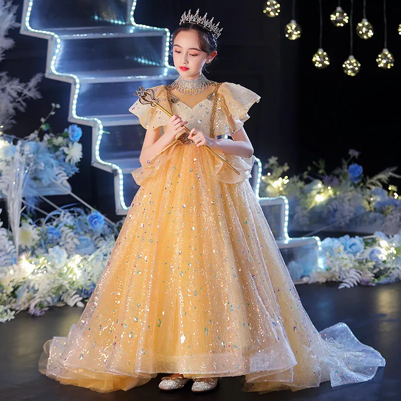 Glitter Gold Flower Lace Girl Dress Floor-Length Ball Gown Off-Shoulder  Sleeveless for Birthday Christening from Dhgate Flower Girls Dresses -  price 355.64
