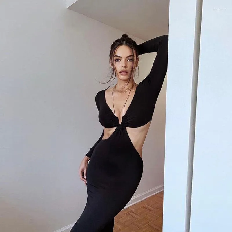 Casual klänningar kvinnor långa ärmar sexiga kvinnliga midi backless smala nattklubbfest kvinnor eleganta ihåliga bodycon klänning vestidos