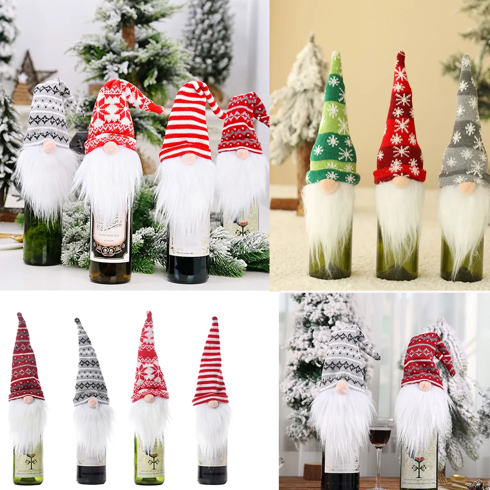 3pcs/مجموعة زجاجة عيد الميلاد زجاجة نبيذ حقيبة مجهول دمية جنوم سانتا كلوز أعلى القبع