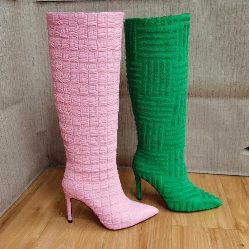 Buty Design Design Drukujące kobiety jesienne zimowe cienki pięta spiczasty palec kolanowy wysokie buty rose zielone