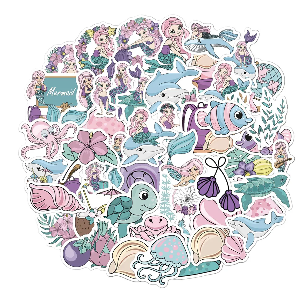 Cute pink purple mermaid underwater animal Sticker Bike Travel Luggage Laptop Cartoon Sticker Decals