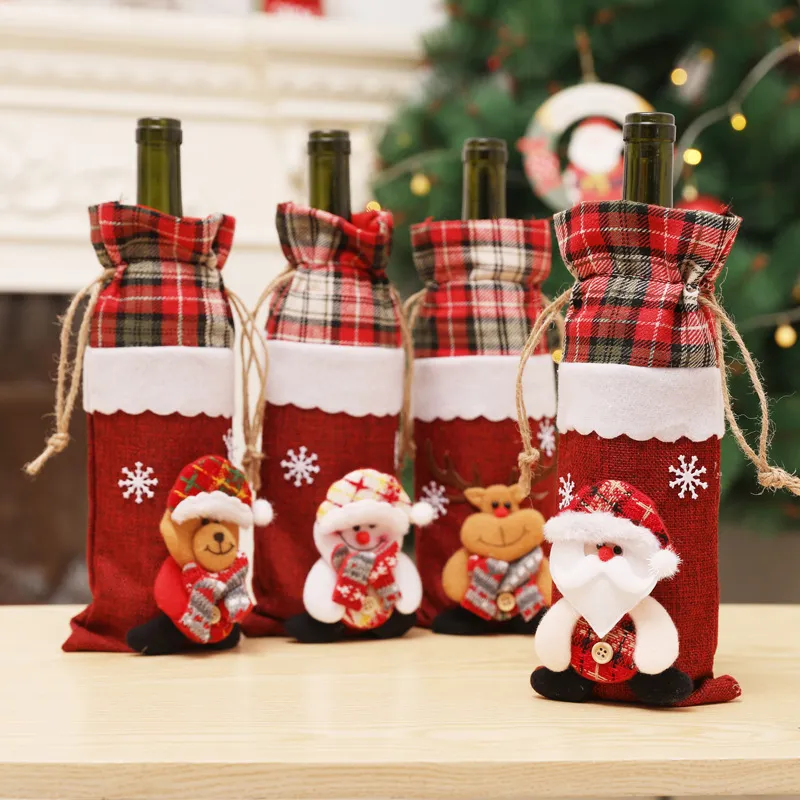 Christmas Decorations Wine Bottle Cover Wine Bottle Bag Snowman Santa Claus Bear Elk Moose Toppers Ornaments for Home Xmas New Year Dinner Table Decor