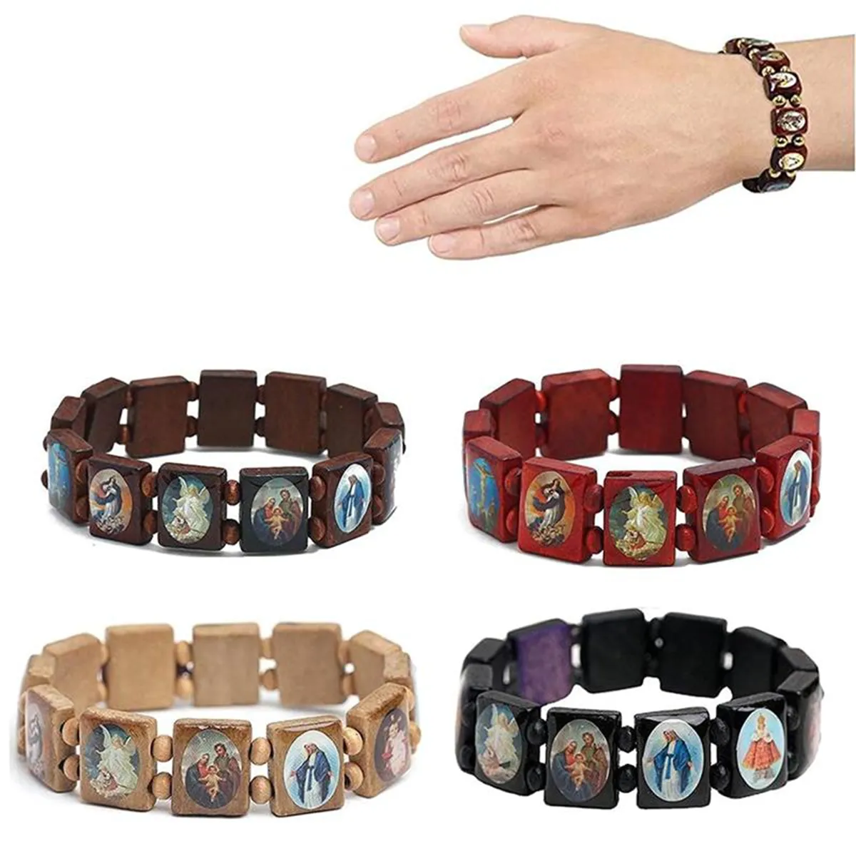 40Pcs Wooden Jesus Bracelet Elastic Catholic Bangle Picture Of Religious Saints Holy Gods Devotion Bracelet