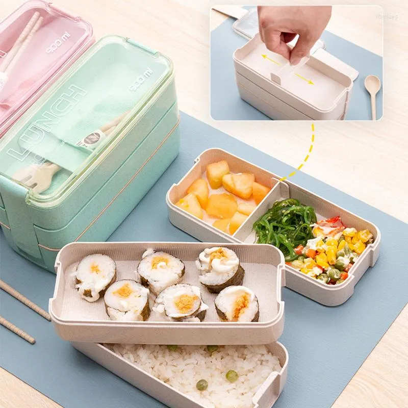 Set di stoviglie 3 strati Lunch Box 900ml Paglia di grano portatile Bento Box Microonde Dinnerwaer Foos Storage School Office Container