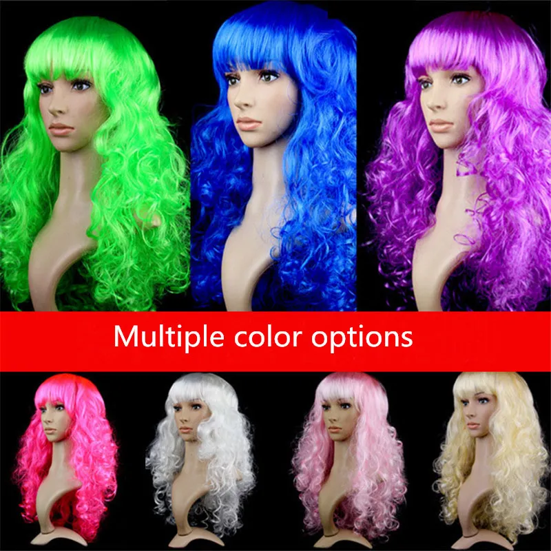 Halloween Cosplay Wigs With Bangs Colored Synthetic Long Wavy Wig For Woman Heat Resistant Natural Hair