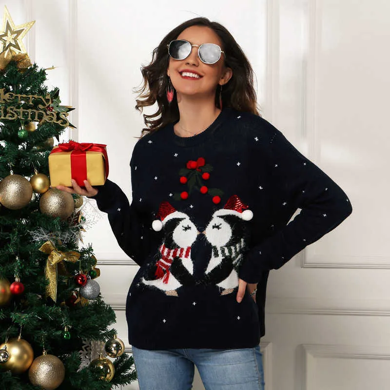 Kvinnors stickor Tees Women's Little Penguin Jacquard Loose Long Sleeve Knit tröja Pullover Christmas Sweater T221012