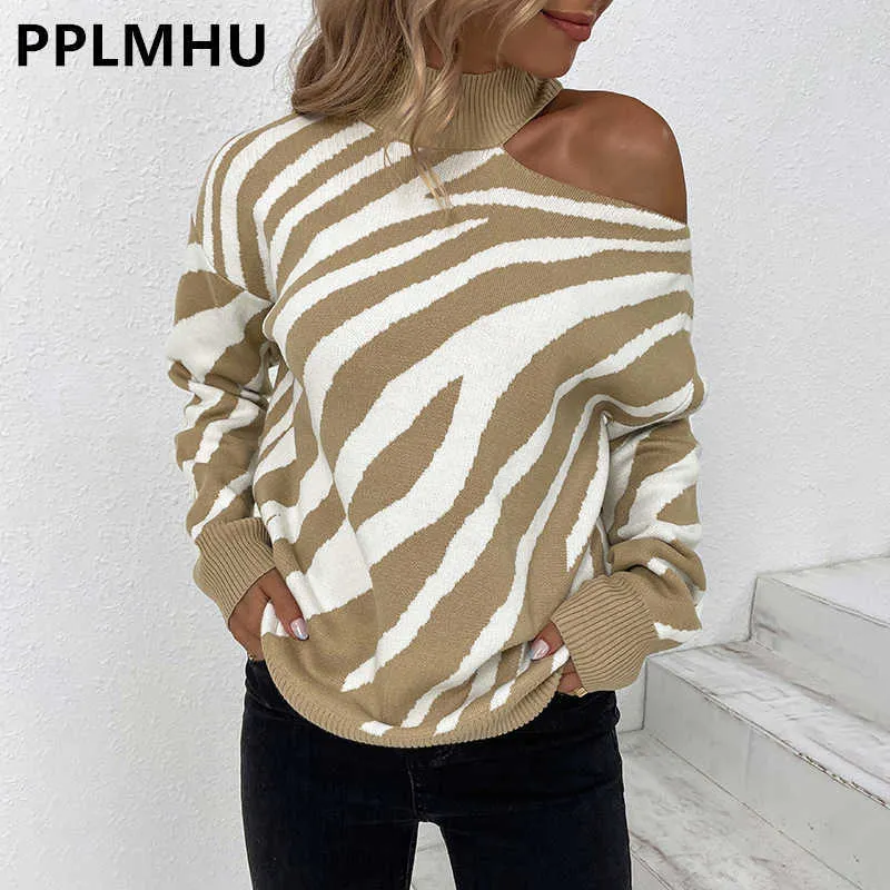 Damesgebreide T-shirts Dames sexy off-shoulder zebra coltrui herfst winter streetwear luipaardprint gebreide tops casual losse trui nieuw T221012