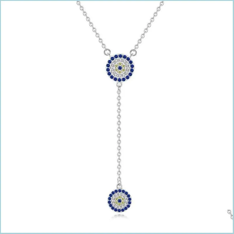 Collane con ciondolo 100% 925 Sterling Sier Collana Donna Fortuna Ciondolo rotondo Collane con malocchio Blu Zircone Collegamento lungo Gioielli di moda Dhmfe