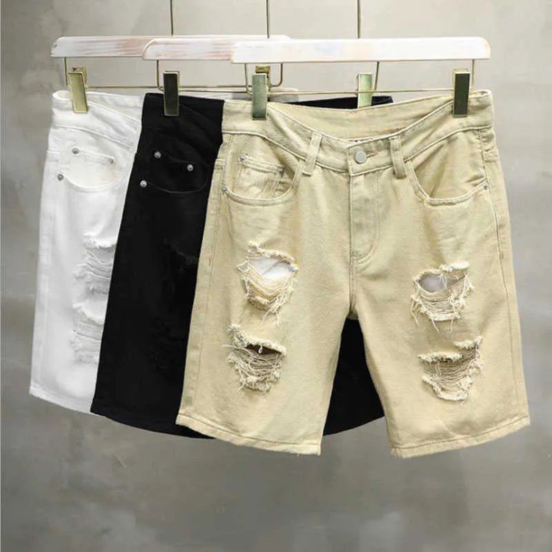 Men's Shorts 2021 New Summer Mens Ripped Holes Denim Slim Casual Short Jeans Men Bermuda Masculina White Black Cotton G221012