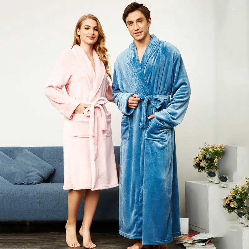 Men's Sleepwear Men's Winter Lovers Robe Warm Thick Bathrobe Gown Flannel Solid Couple Kimono Coral Fleece Loungewear Home Clothes