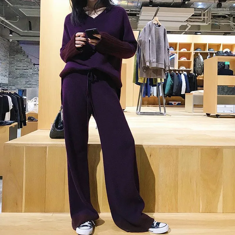Frauen Zwei Stück Hosen frauen 2022 Direkt Verkauf Volle Winter Kaschmir Stricken Anzug Weibliche Farbe Passenden V-ausschnitt Pullover breite Bein