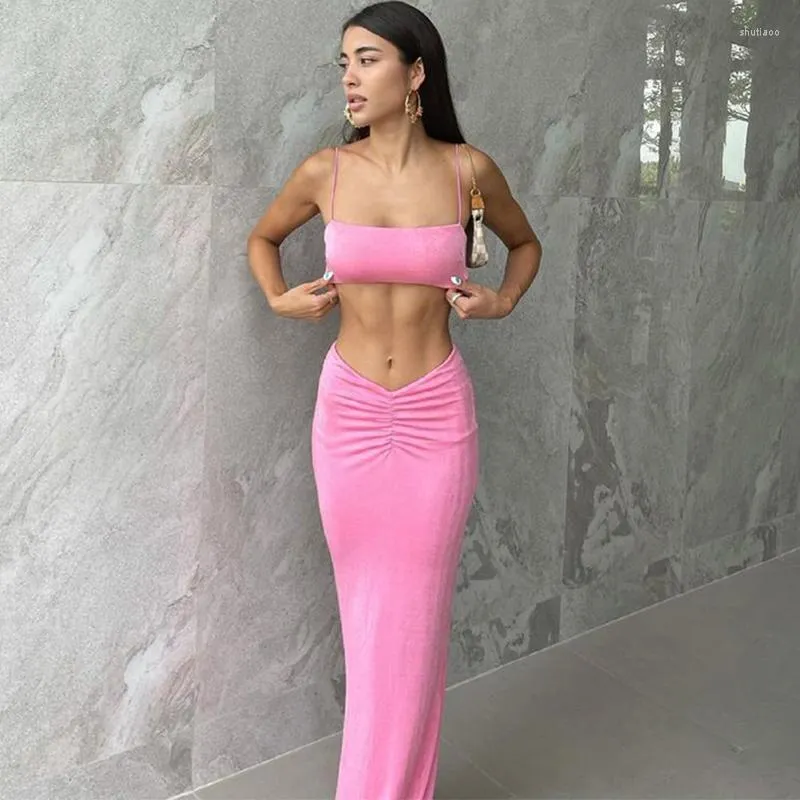 Werk jurken halter korset buis top gewassen midi rok pakken bodycon sexy feest elegante club kleding zomer dames roze 2 stuks set