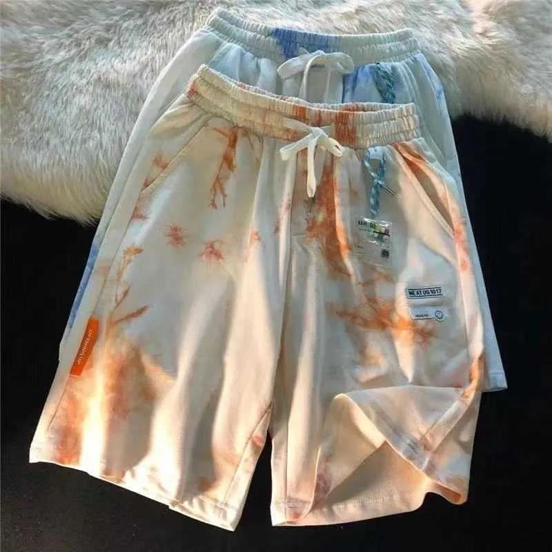 Shorts maschile Applique Tie-Dye High Welt Cash Sorts Shorts Women Summer 2021 Pantaloni a cinque punti Harajuku sciolto da uomo sudore G221012