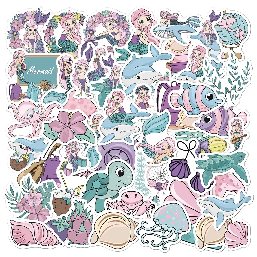 50 pièces mignon rose violet sirène sous-marine animal autocollant vélo voyage bagages ordinateur portable dessin animé autocollant décalcomanies