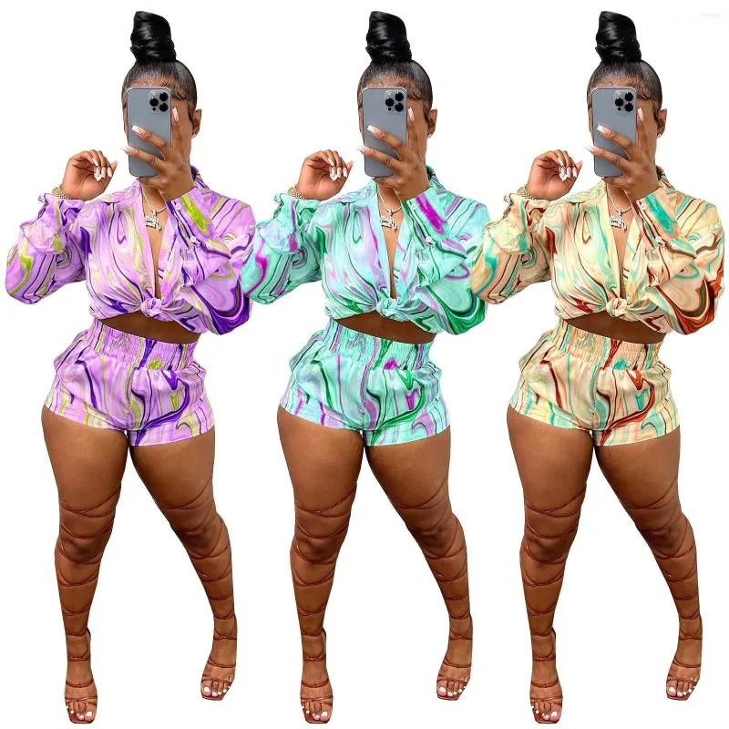 Women's Tracksuits Woman Colorful Printing Shirt Sexy Two Pieces Set Summer Fashion Full Sleeves Button-up High Waist Shorts Party