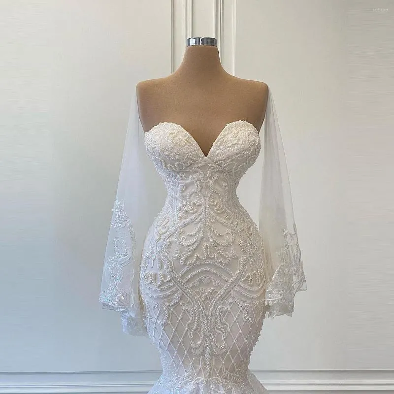 Wedding Dress Chic Arabic Gowns Puffy See Thru Long Sleeves Lace Appliques Mermaid Bridal Dresses Custom Made