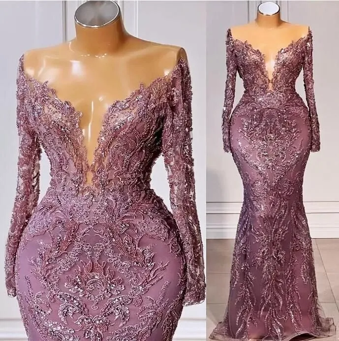 Plus Size Arabic Aso Ebi Mermaid Prom Dresses Lace Beaded long sleeve Evening Formal Party Second Reception Dress