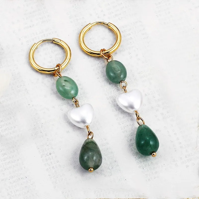 Orecchini pendenti con perline in pietra naturale verde con ciondolo donna Orecchini a cerchio in acciaio inossidabile color oro Cerchio a catena lunga Gioielli Boho