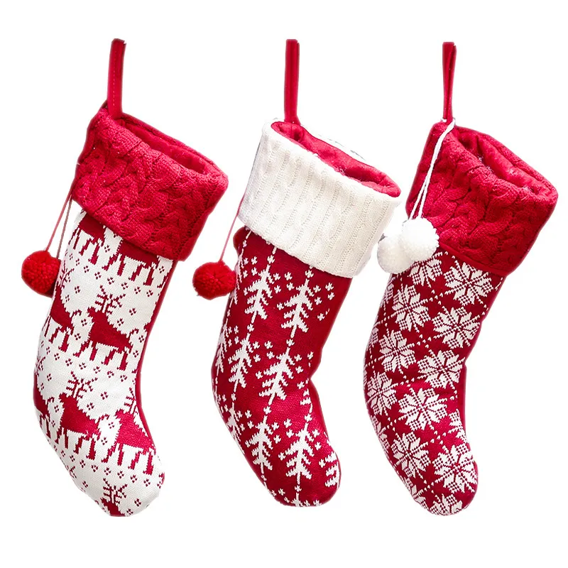 Knitted Christmas Stocking Xmas Tree Ornament Red And White Santa Candy Gift Bag Knitted Socks Prop Socks Party Pendant Decorations