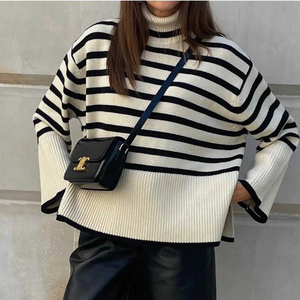 Women's Knits Tees PB ZA 2022 Autumn New Women's Striped High-neck Color Contrast Loose Long-sleeved Split Design Fashionable Knitted Sweater T221012