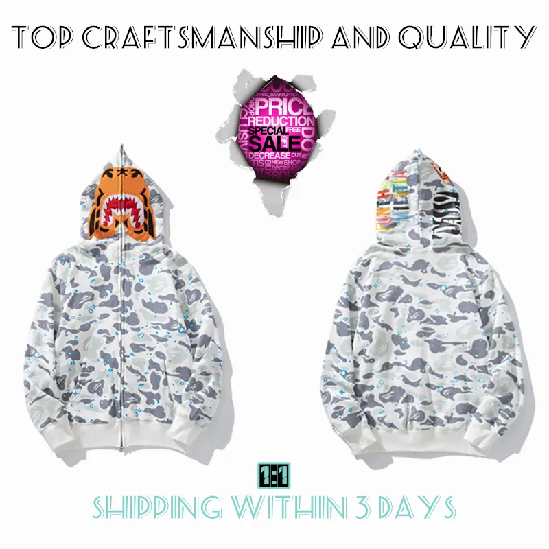 Heren hoodies Top Vakmanschap haai pullover tie dye hoodie designer jas tijger full zip color sweatshirt Luminous Fashion co-branding camouflage hoodys 5-8