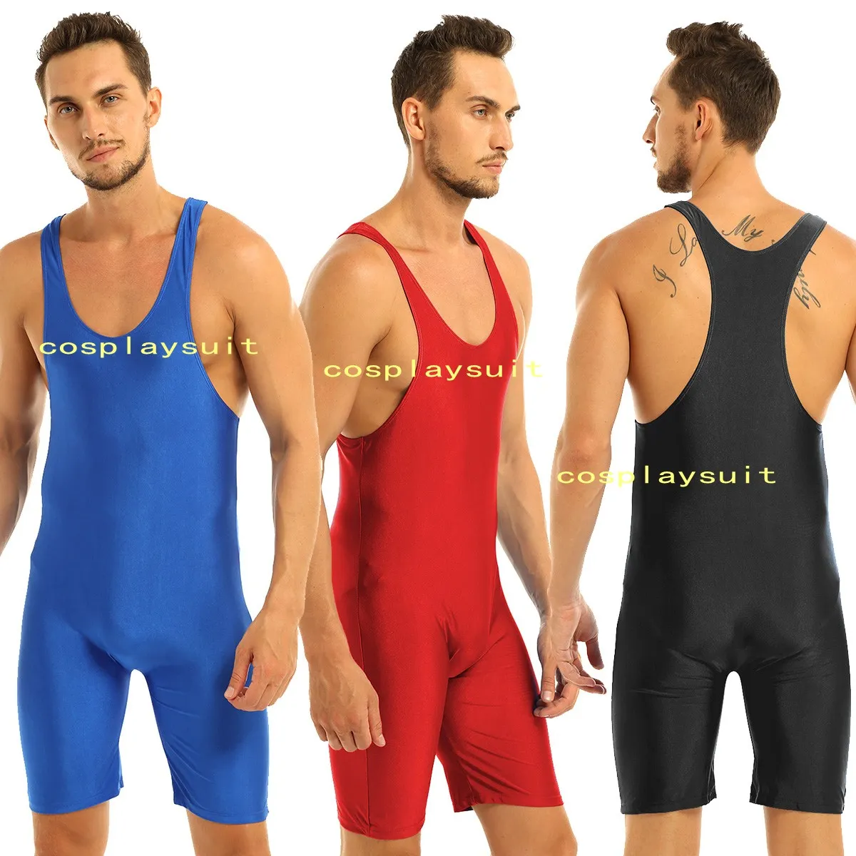 Einteilige Catsuit-Kostüme für Herren, Badeanzug, ärmellos, massiv, modifiziert, Wrestling-Singlet, Boxershorts, enge Unterwäsche, dehnbare Gymnastik-Bodysuits
