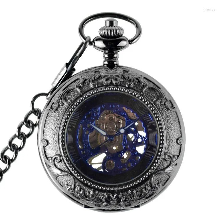 Pocket Watches Antique Steampunk Mechanical Hand Wind FOB Herrarna Kvinnors hänge titta på Blue Case Relogio de Bolso gåvor