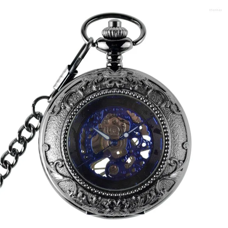 Montres De Poche Antique Steampunk Mécanique Main Vent Fob Hommes Femmes Pendentif Montre Bleu Cas Relogio De Bolso Cadeaux